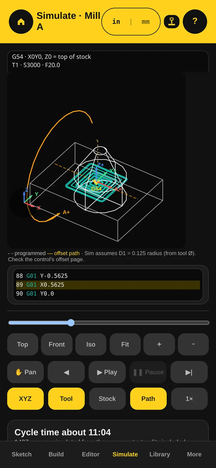 BlockSmith Simulate screen, toolpath mid-run